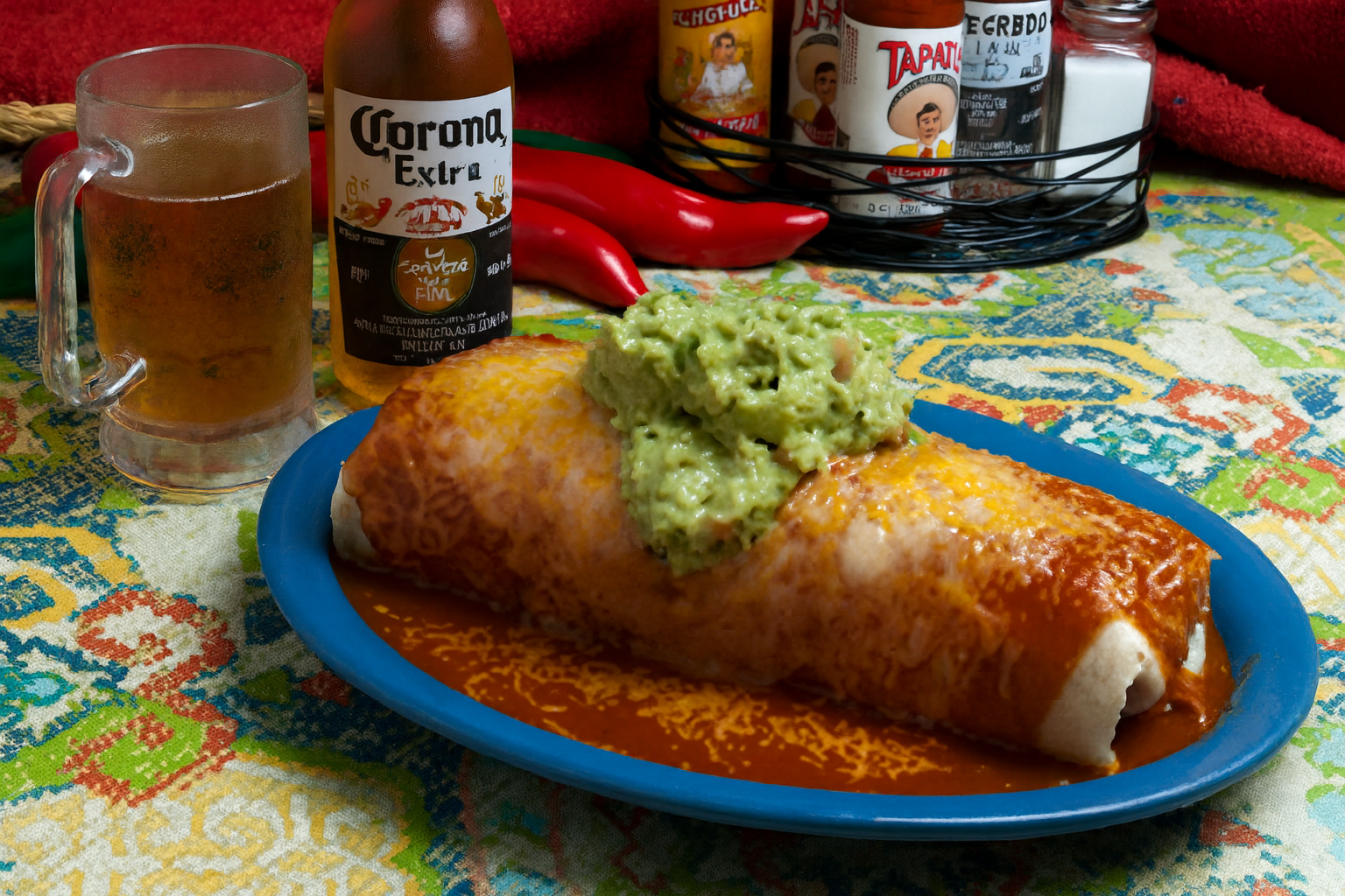 A wet burrito on a blue plate under red sauce and melted cheese, with a scoop of guacamole on top, on a brightly tiled table beside a cold beer.