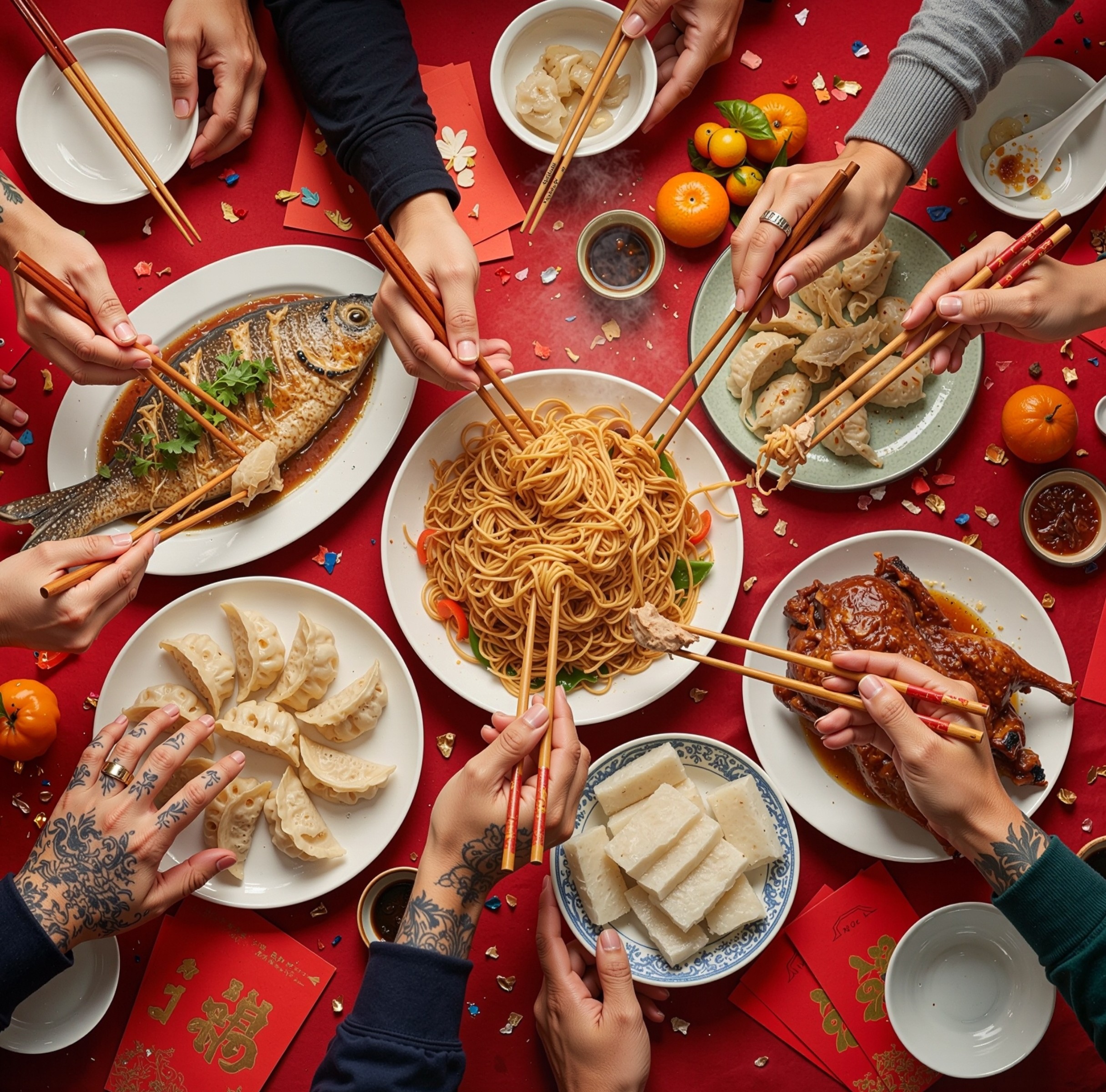 Friends sharing Western Wok dishes around a red table